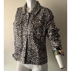 TOMMY BAHAMA TWO PALMS LAGOON LEOPARD 100% LINEN RAW EDGE FLIP CUFF JACKET Large